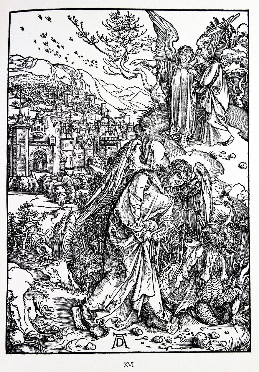 La Revelación de San Juan: 15. El Ángel con la Llave del Abismo de Albrecht Dürer