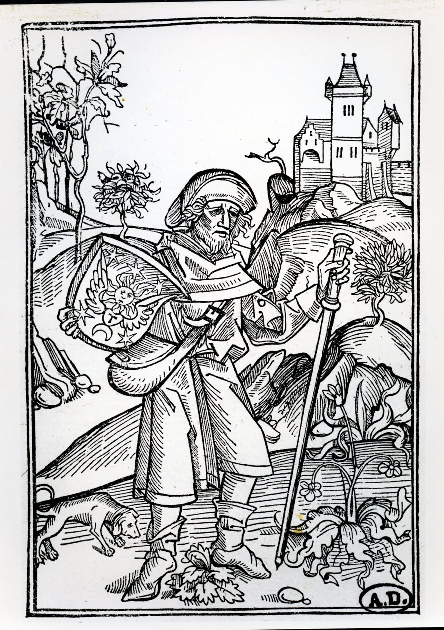 El peregrino con su perro frente a un castillo, ilustración del frontispicio de la segunda parte de la Ópera de Johannes Gerson, publicada en Basilea, 1489 de Albrecht Dürer