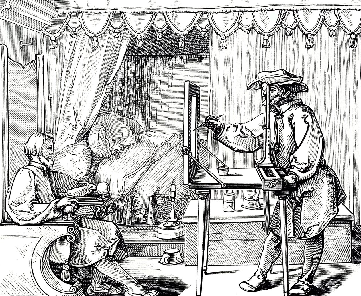 Grabado en madera que representa a un artista usando una ayuda para dibujar para obtener las proporciones correctas de un retrato. Grabado por Albrecht Dürer (1471-1528) un pintor, grabador y teórico alemán del Renacimiento de Albrecht (after) Durer or Duerer