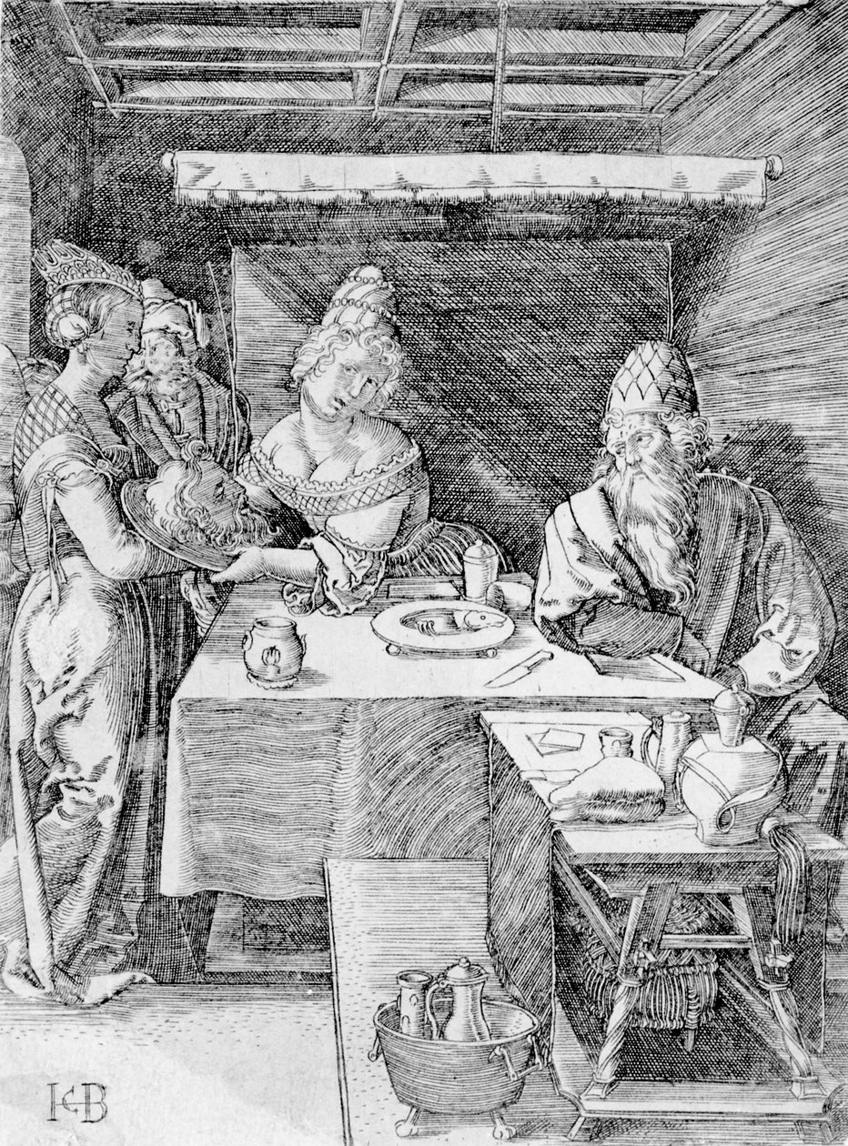 Salomé presenta la cabeza del Bautista a Herodías, grabado por Jacob Binck (grabado) de Albrecht (after) Durer or Duerer