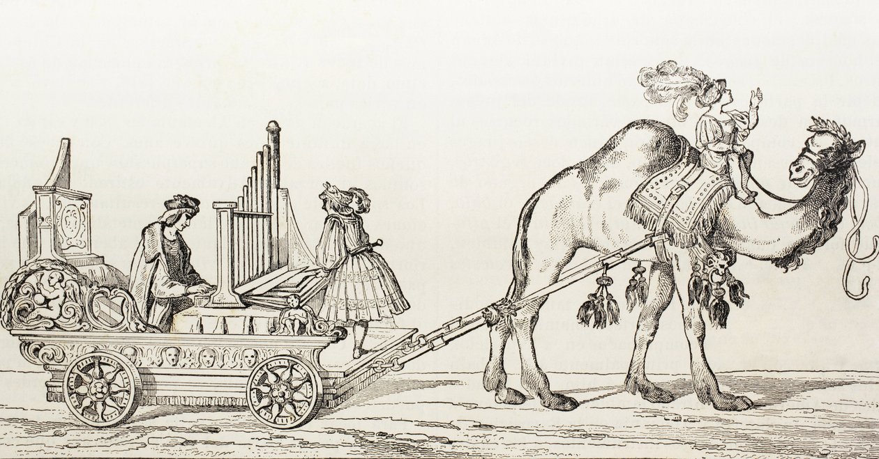 El organista Paul Hoffaner tocando en un carruaje tirado por un camello, c.1880 (grabado) de Albrecht (after) Durer or Duerer
