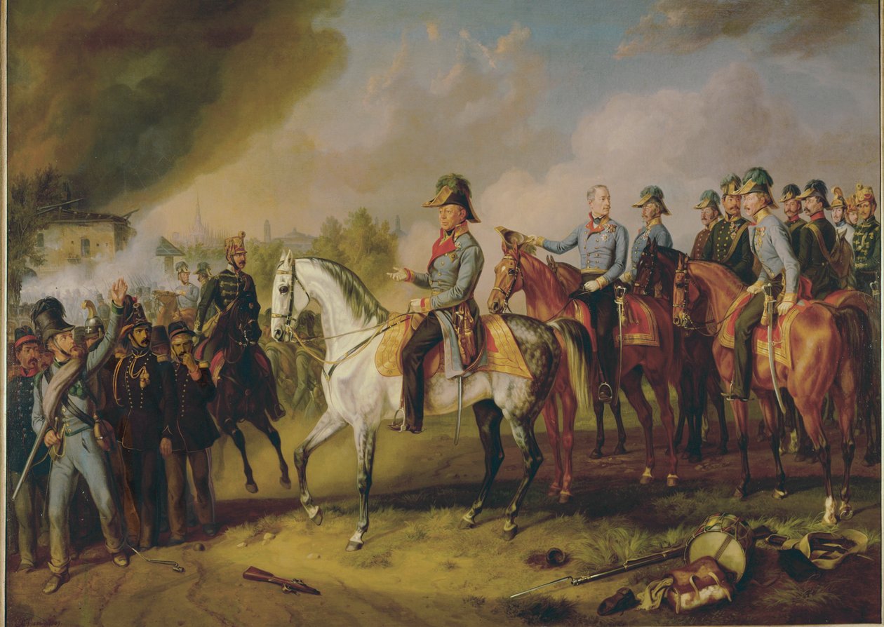 El mariscal de campo Johann Joseph Wenzel Radetzky y su estado mayor ante Milán ... (pintura sobre lienzo) de Albrecht Adam