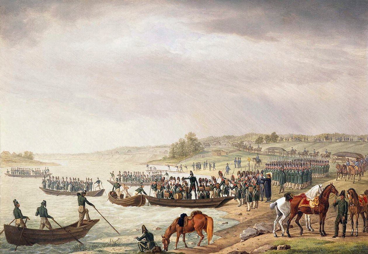 Cuerpo italiano de Eugene de Beauharnais cruzando el Niemen el 30 de junio de 1812, 1815 de Albrecht Adam