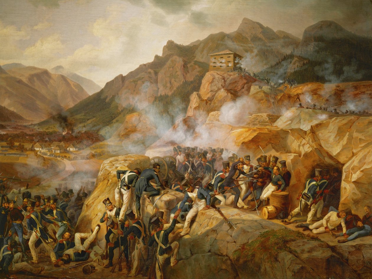Las tropas de Napoleón atacan el blocao austriaco de Malborget, Tirol del Sur ... (óleo sobre lienzo) de Albrecht Adam