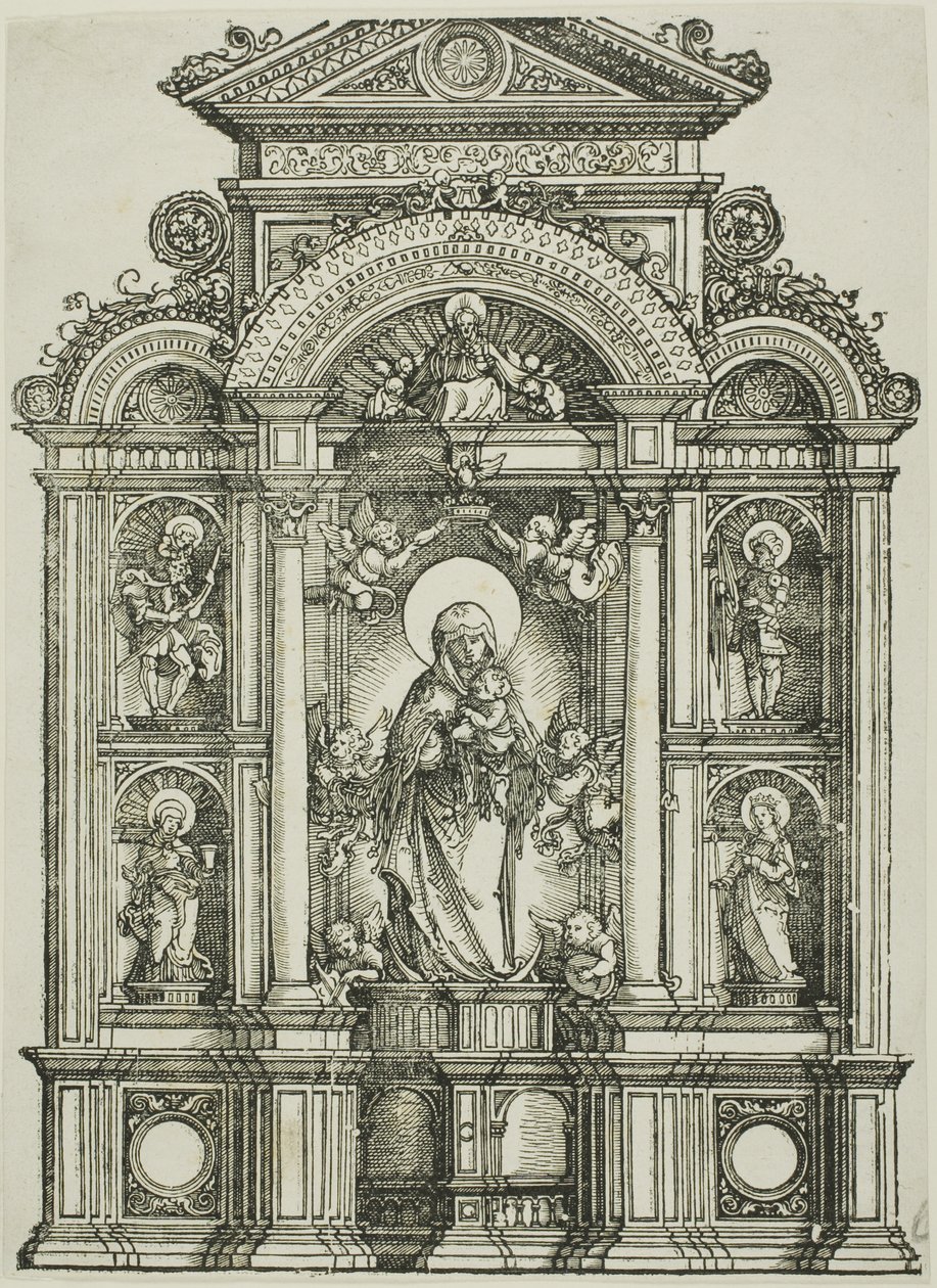 Retablo con la bella Virgen de Ratisbona y los santos Cristóbal, María Magdalena, Florián y Catalina de pie en nichos, con Dios Padre encima de Albrecht Altdorfer