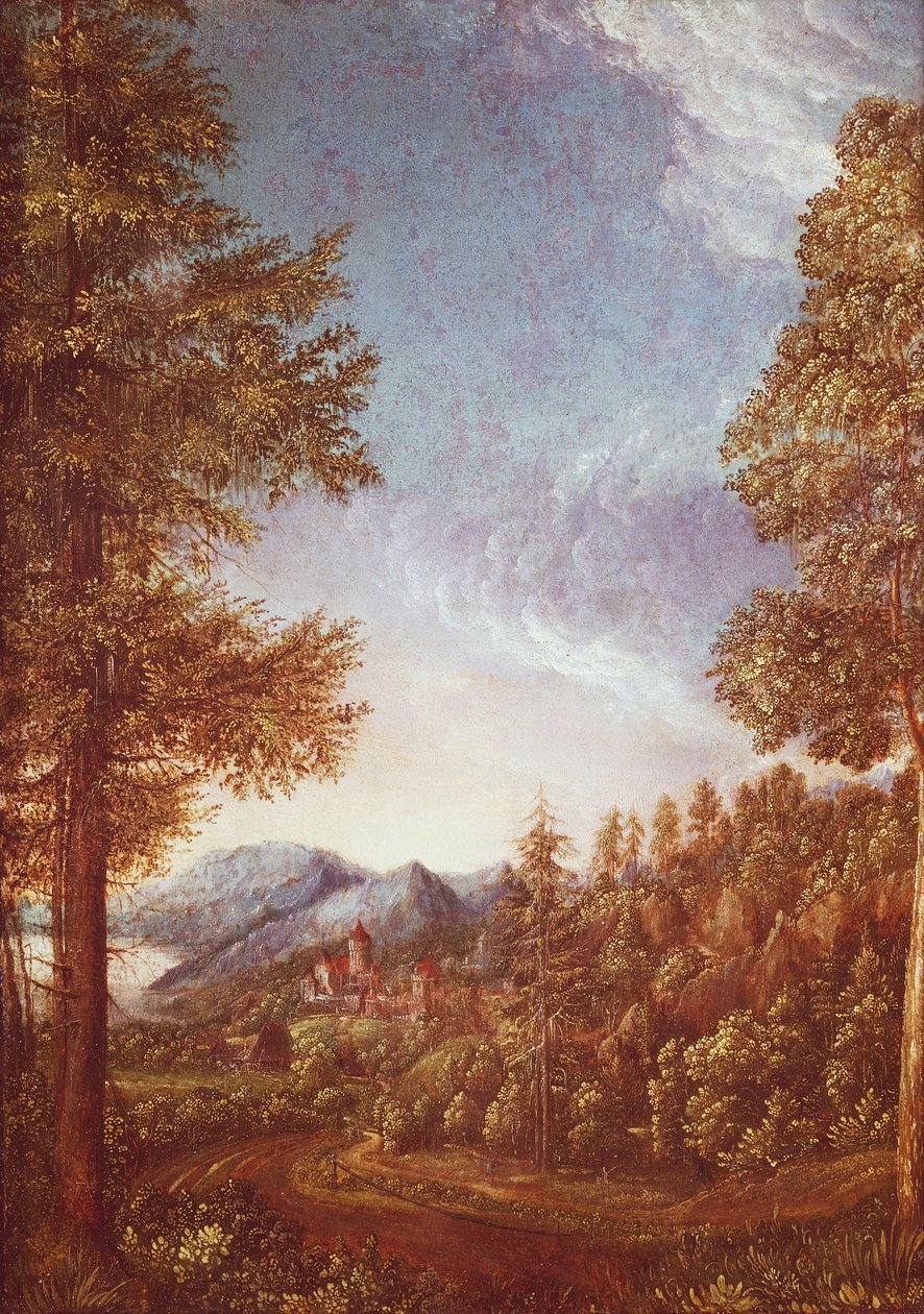 Paisaje del Danubio con Castillo Worth, c.1522-25 de Albrecht Altdorfer