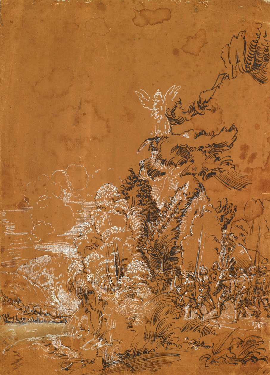 Paisaje forestal con ángeles y mercenarios de Albrecht Altdorfer