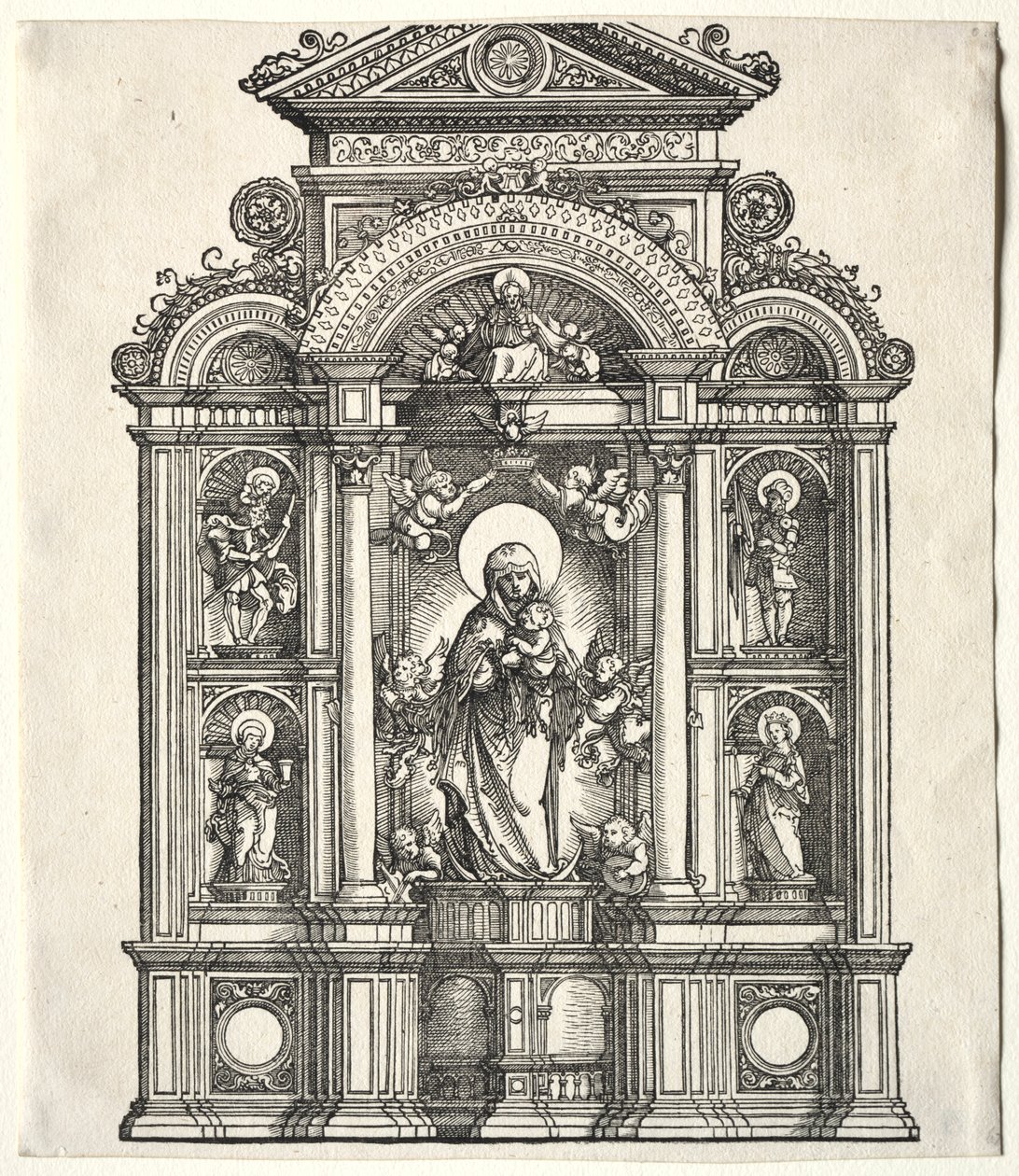 Gran altar con la Virgen, en un borde con San Cristóbal, San Jorge, Santa Bárbara, Santa Catalina de Albrecht Altdorfer