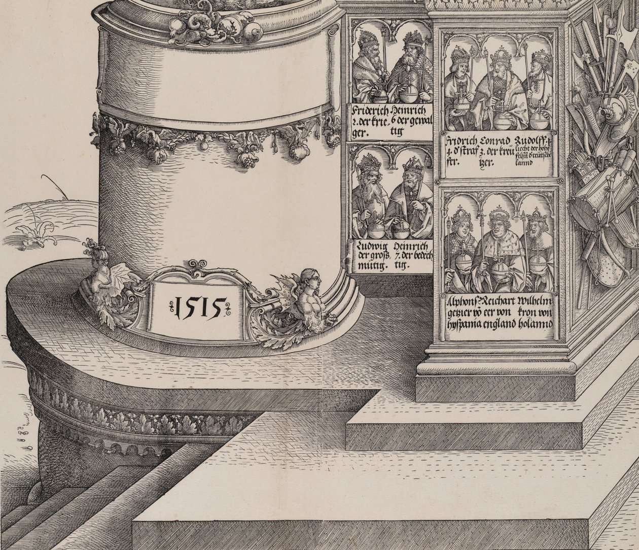 Retratos de los familiares de Maximiliano, y la base de la columna exterior izquierda con la fecha 1..., 1515 de Albrecht Altdorfer