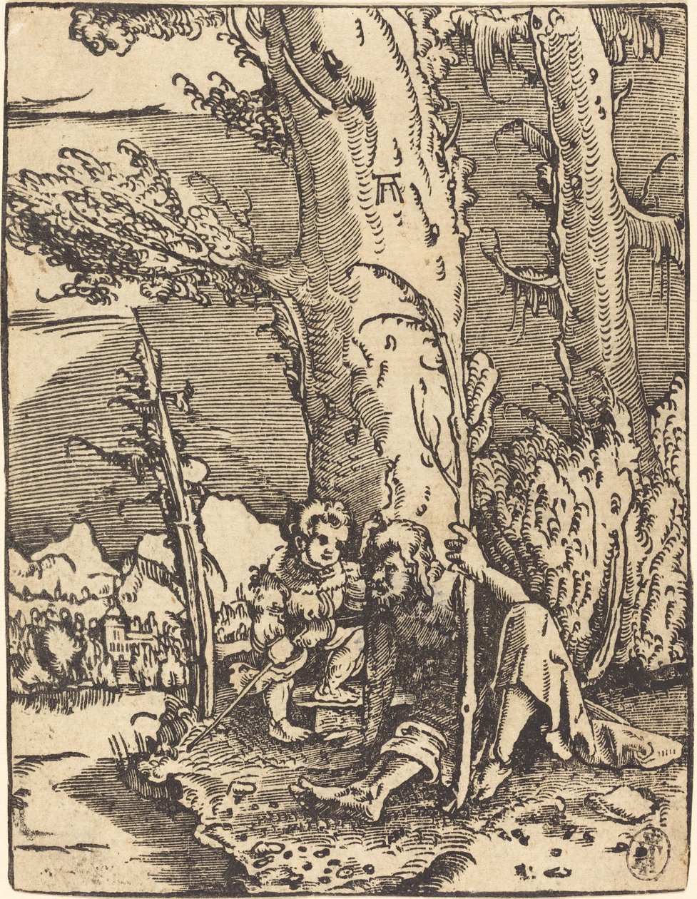 San Cristóbal sentado junto a la orilla de un río de Albrecht Altdorfer