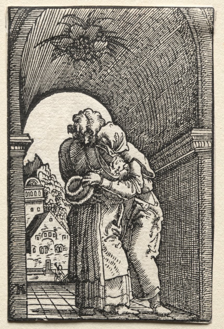 La caída y redención del hombre: El abrazo de Joaquín y Ana en la Puerta Dorada, 1515 de Albrecht Altdorfer