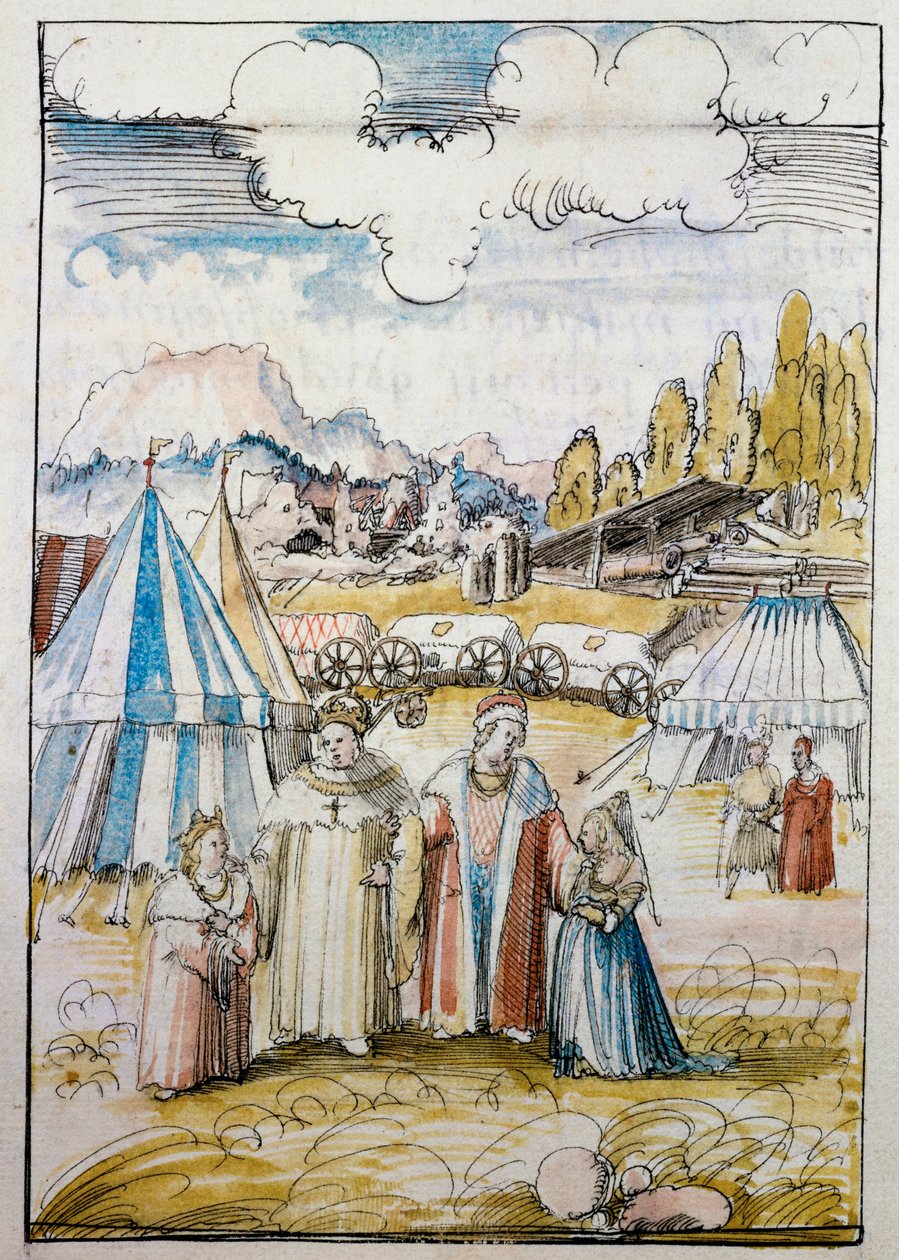 El futuro emperador Maximiliano I, guiado por su padre, Federico III, se reúne con su novia, María de Borgoña, en Neuss ... de Albrecht Altdorfer