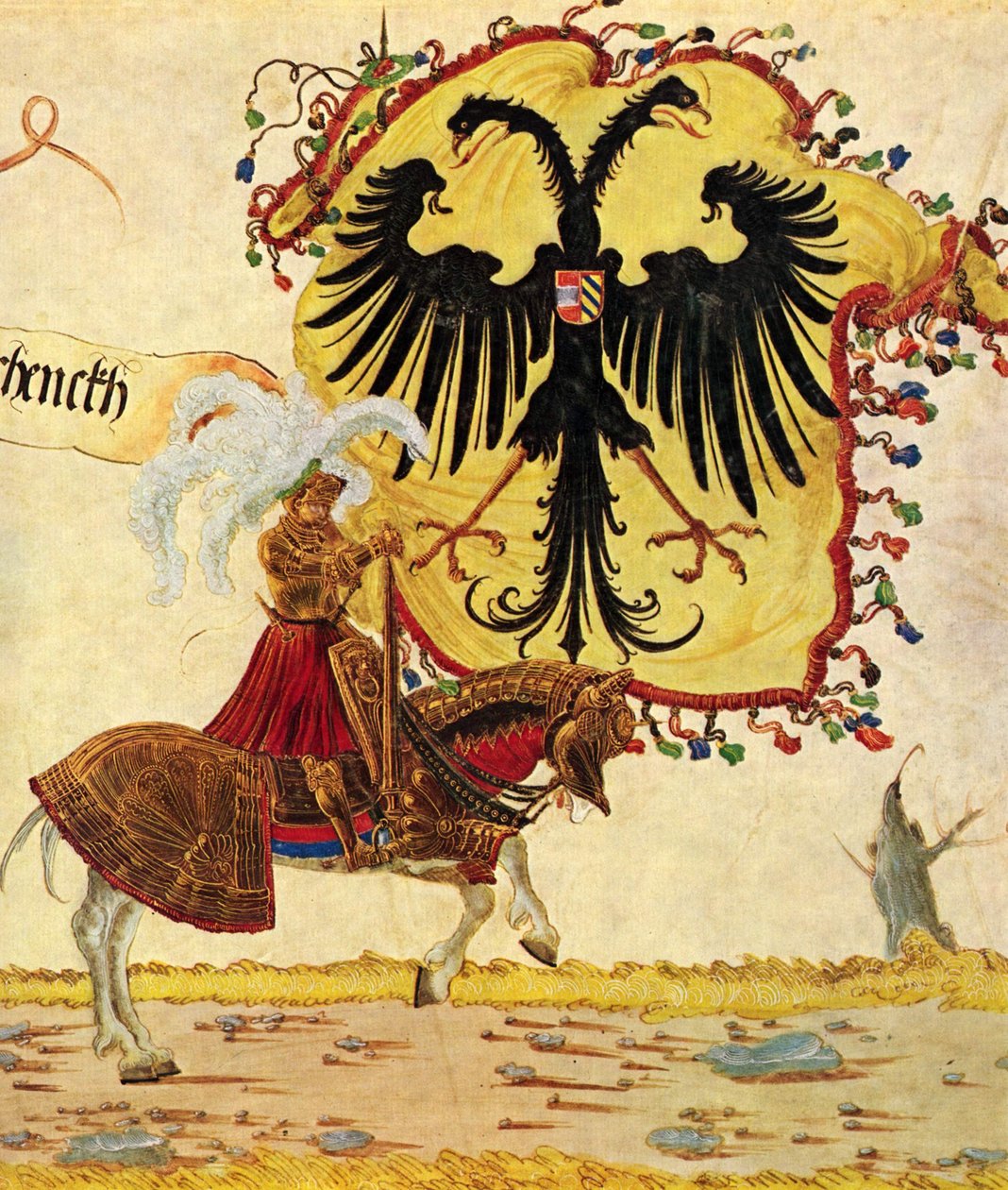 Procesión triunfal del emperador Maximiliano, escena: estandarte y espada imperiales, detalle de Albrecht Altdorfer