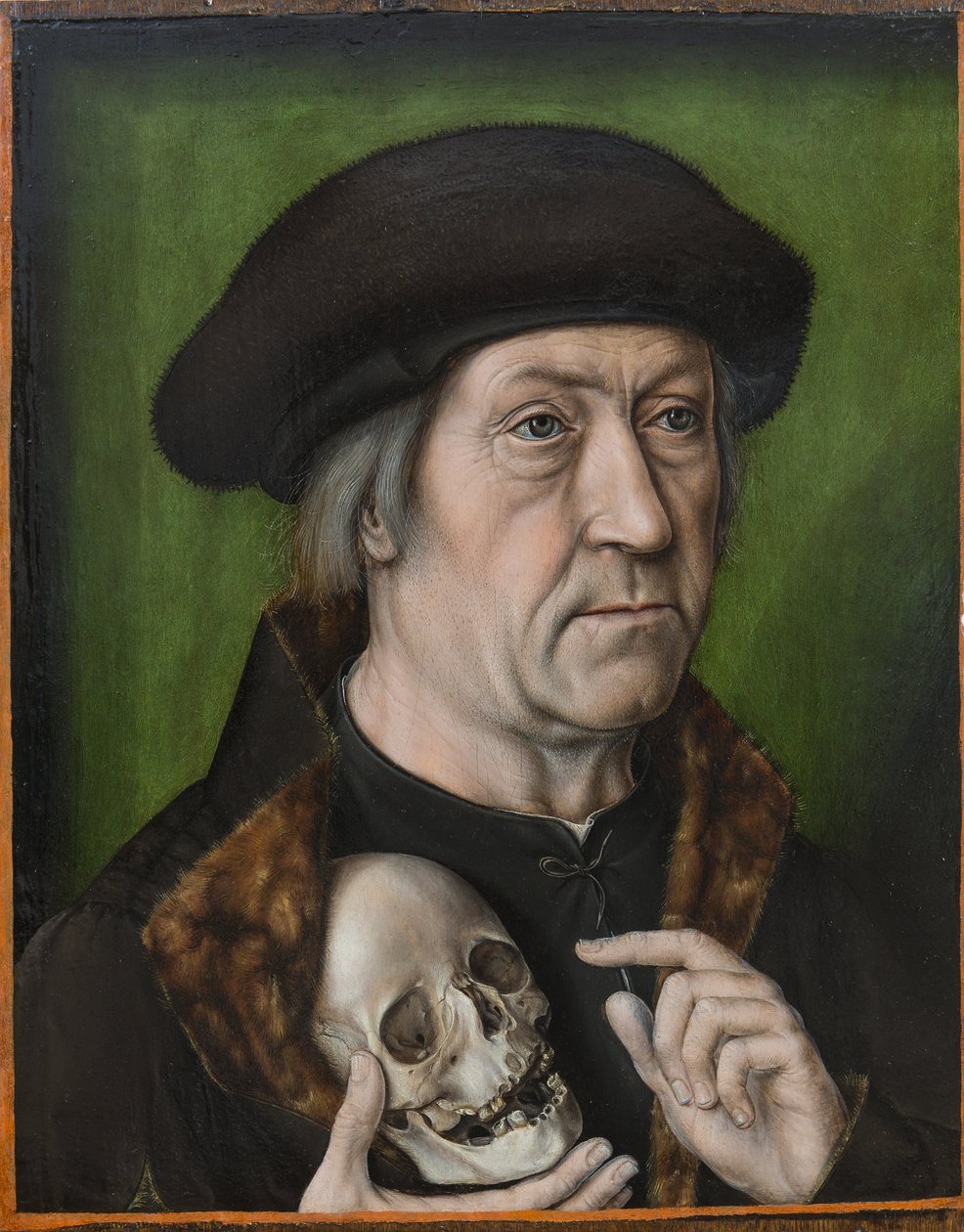 Autoretrato avec un crane - Autorretrato con calavera, de Bouts, Aelbrecht (Albert) (1451/54-1549). Óleo sobre madera, c. 1520. Dimensión : 42,6x33 cm. Museo Nacional Brukenthal, Sibiu de Albrecht Bouts