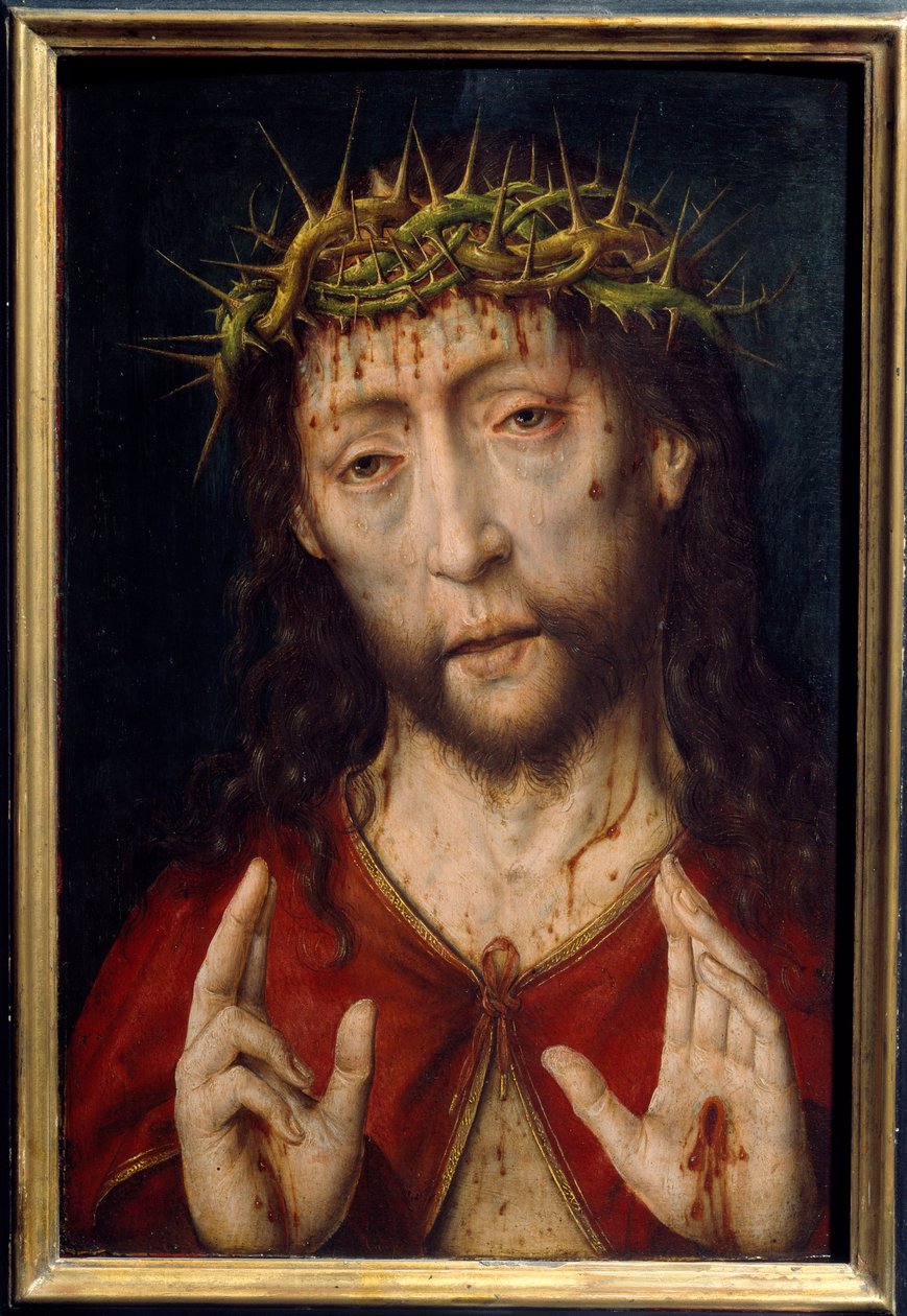 Cristo del dolor. Rostro de Cristo con heridas sangrantes por la corona de espinas con estigmas en las palmas de las manos de Albrecht Bouts