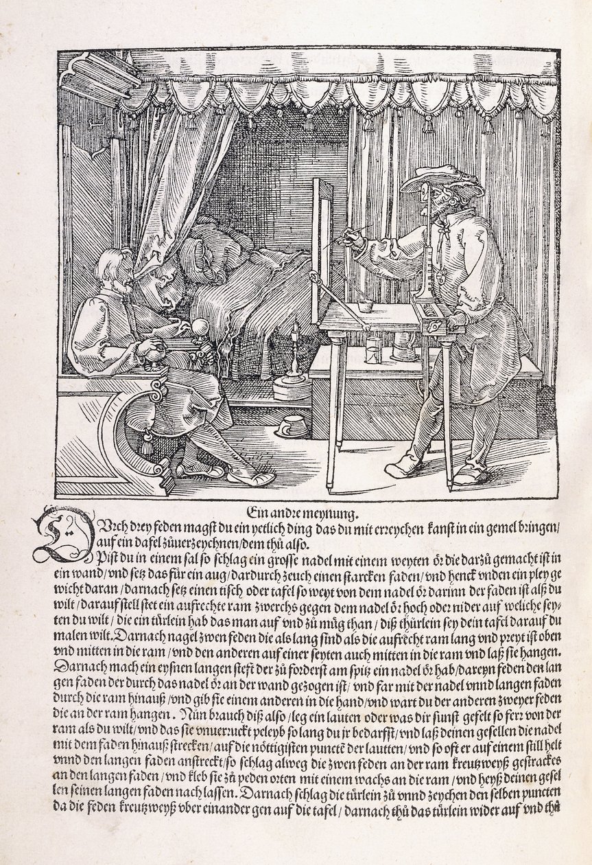 Un dibujante dibujando un retrato, usando un marco de dibujo, 1525 de Albrecht Dürer