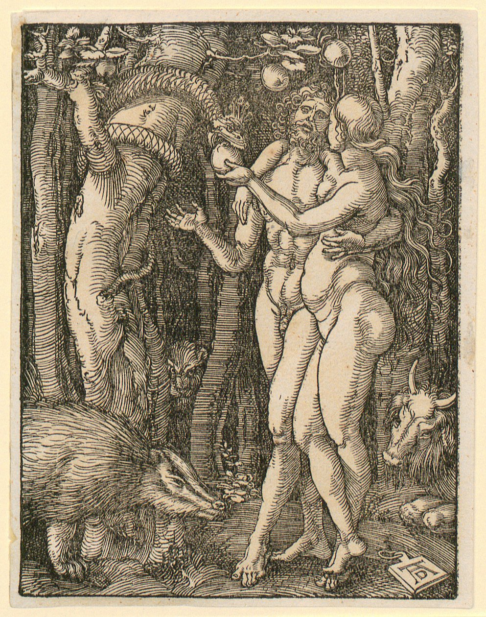 Adán y Eva, lámina 2 de la serie "Pequeña Pasión en xilografía" de Albrecht Dürer