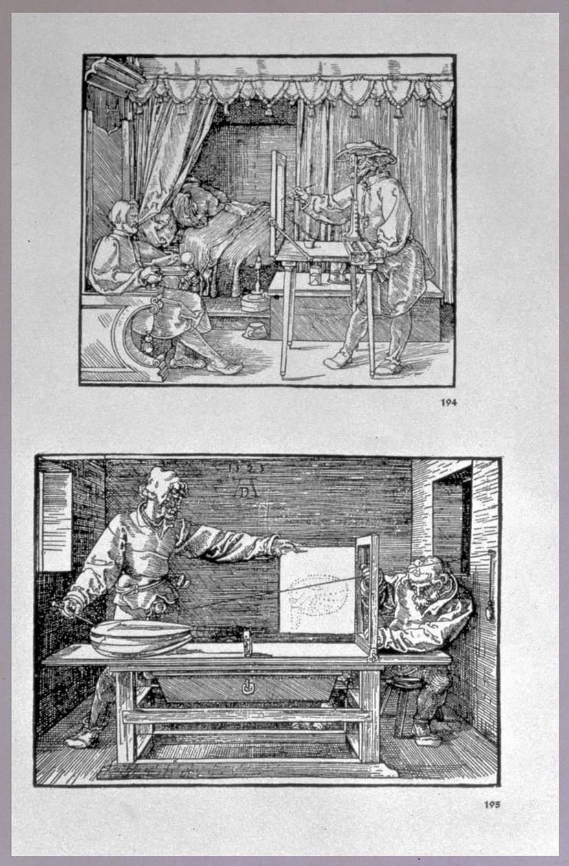 Aparato para traducir objetos tridimensionales en dibujos bidimensionales, dos escenas del primer libro técnico del artista Introducción en el Arte de la Medición con Compás y Regla, escrito de Albrecht Dürer