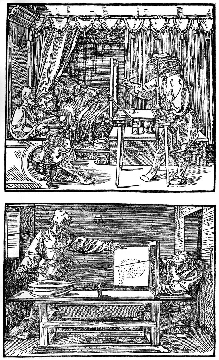Aparato para traducir objetos tridimensionales en dibujos bidimensionales, 1525 de Albrecht Dürer