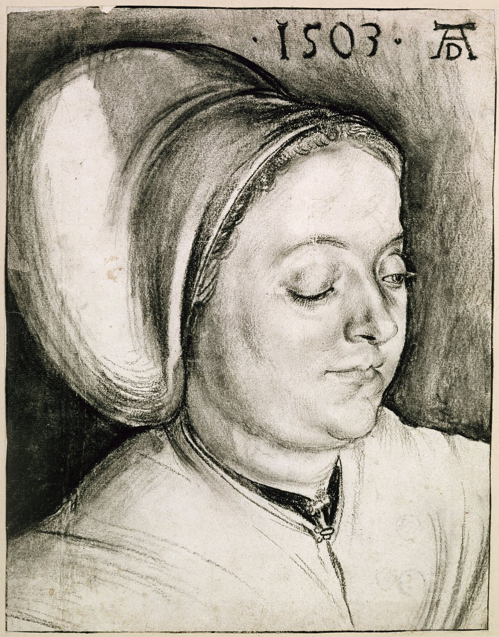 Retrato de busto de una mujer con toca acolchada de Albrecht Dürer