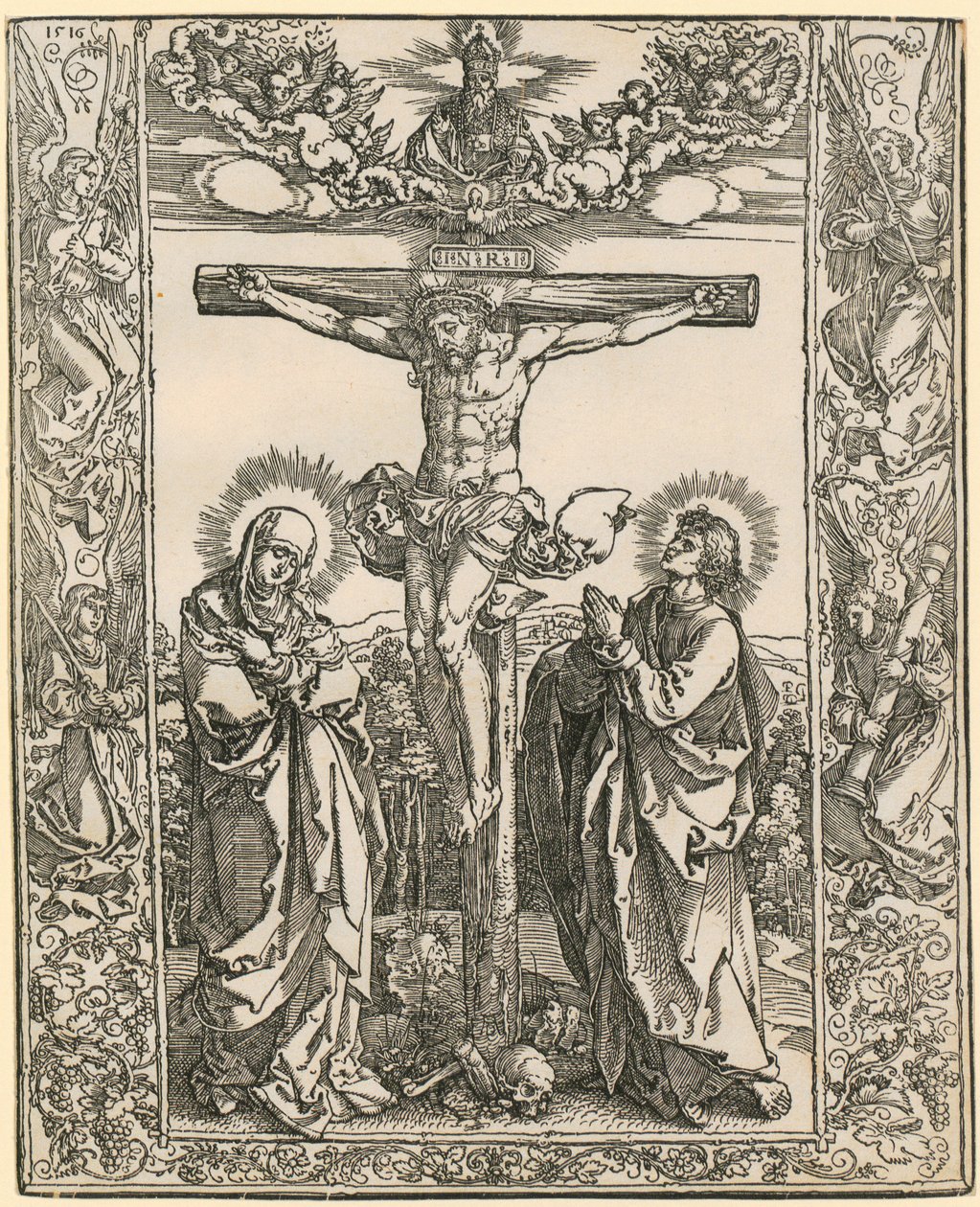 Cristo en la cruz con un borde de ángeles de Albrecht Dürer