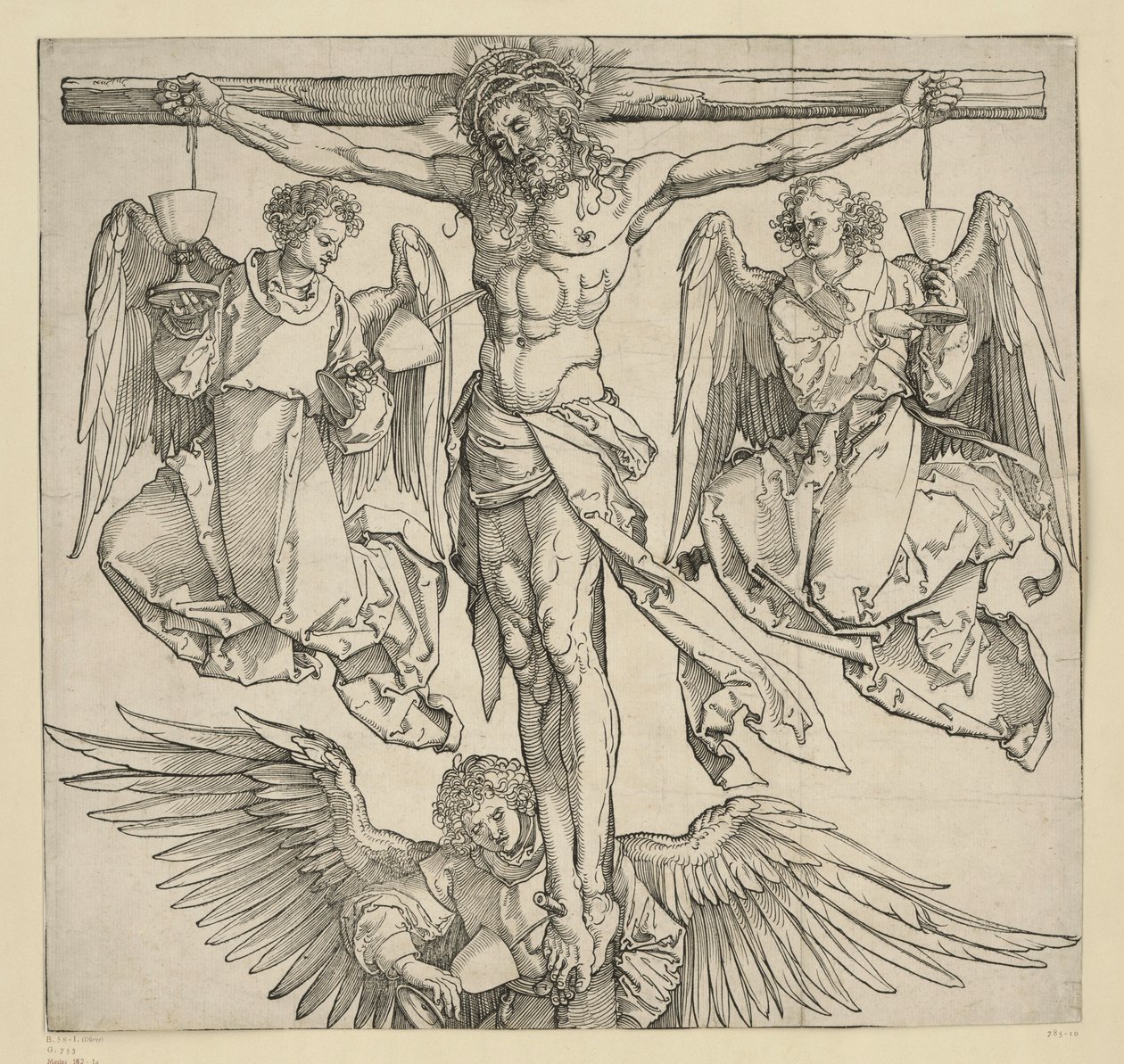 Cristo en la cruz con tres ángeles de Albrecht Dürer