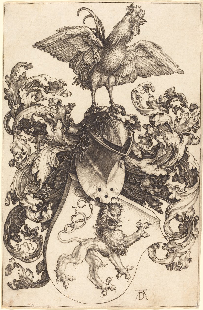 Escudo de armas con un león y un gallo de Albrecht Dürer
