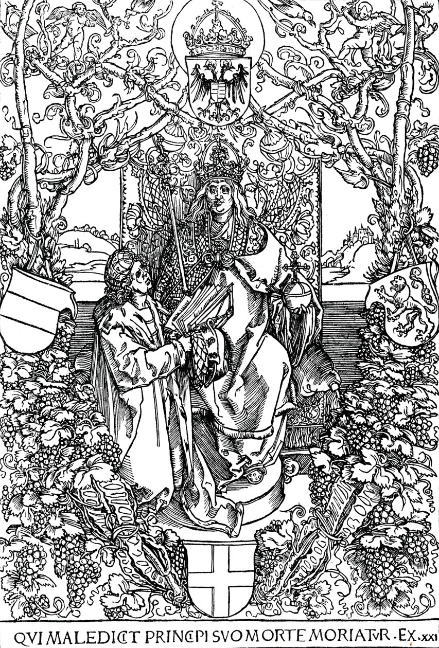 Conrad Celtes presentando su libro Quatuor Libri Amorum a Maximiliano I, 1502 de Albrecht Dürer