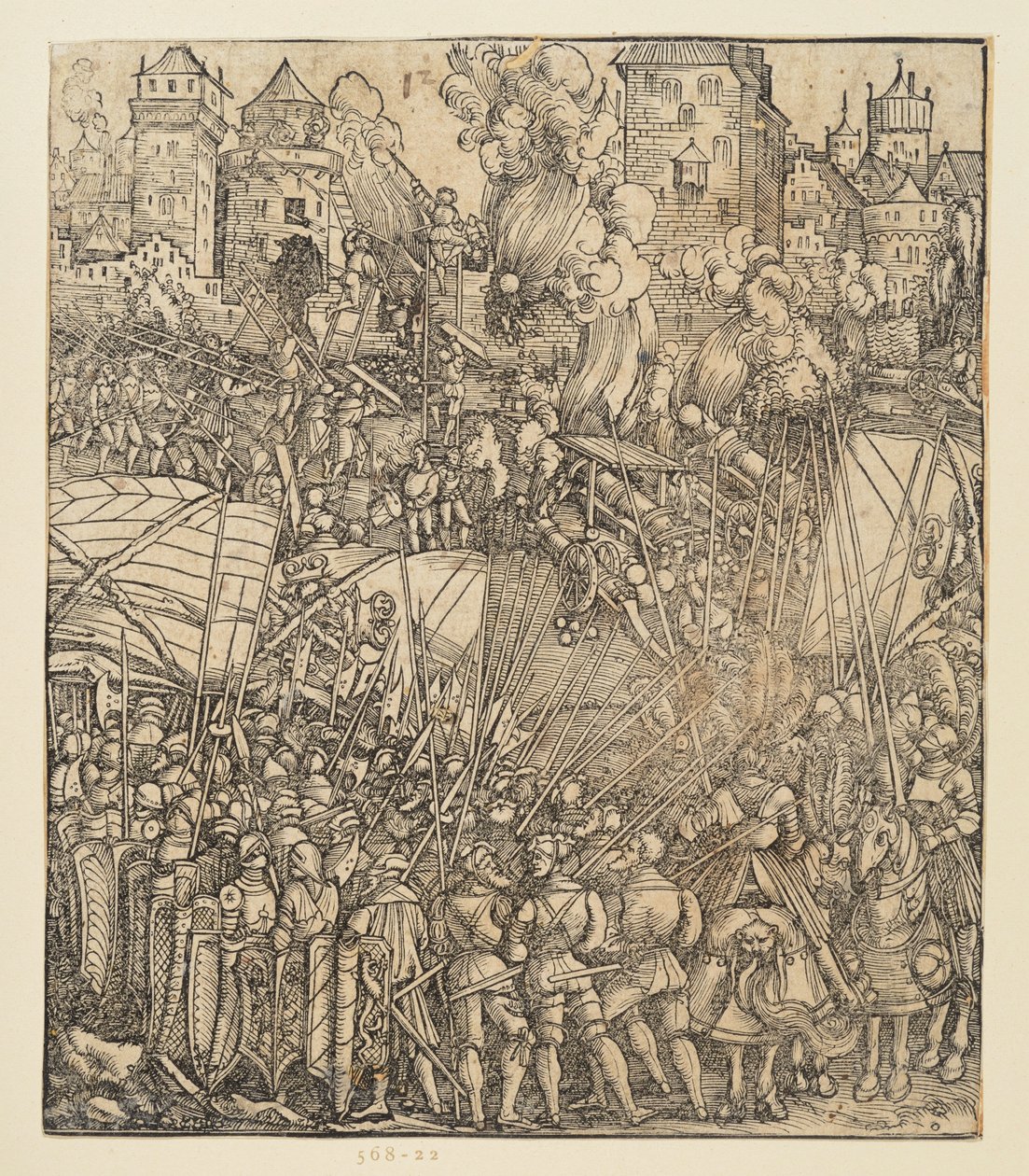 El Arco del Triunfo del emperador Maximiliano I (fragmento v. 24b): la escena de la batalla en la parte superior izquierda de Albrecht Dürer