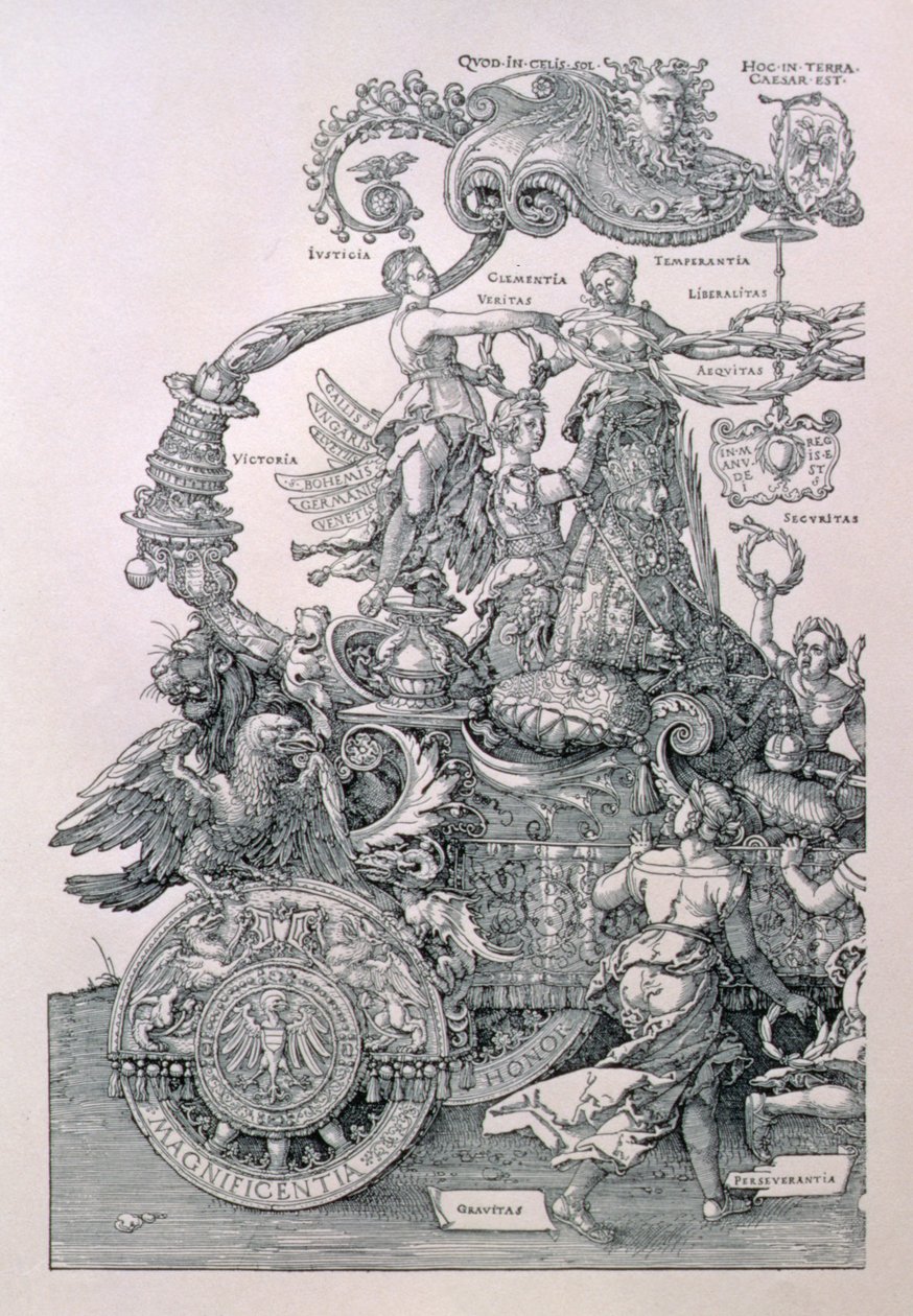 Diseño para El Gran Carro Triunfal del Emperador Maximiliano I: detalle que muestra a las Virtudes colocando una corona en la cabeza del Emperador, planeado por Willibald Pirckheimer, pub. c.1518 de Albrecht Dürer