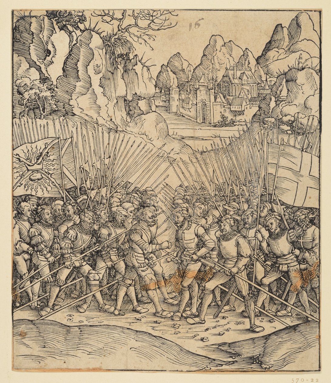 El Arco triunfal del emperador Maximiliano I (fragmento de 24b): La escena de batalla abajo a la izquierda de Albrecht Dürer