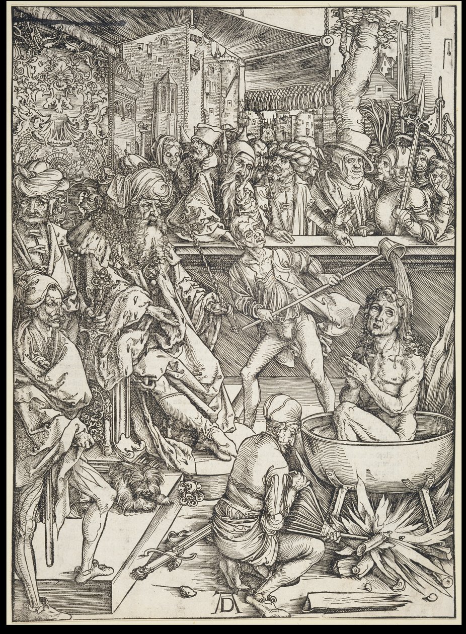El martirio de san Juan Evangelista, de la serie del Apocalipsis, primera edición alemana 1498 de Albrecht Dürer