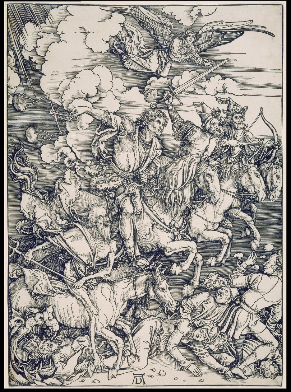 Los jinetes del Apocalipsis, de la serie del Apocalipsis, estampa individual antes del texto de Albrecht Dürer