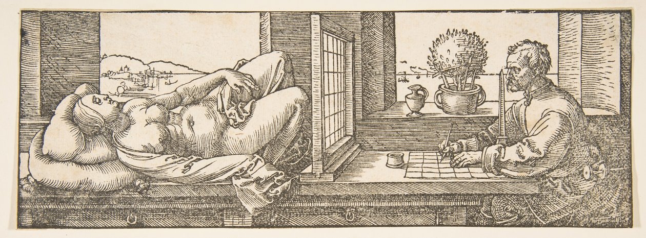 Dibujante haciendo un dibujo en perspectiva de una mujer reclinada de Albrecht Dürer