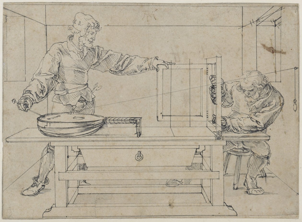 Un hombre apuntando a un laúd de Albrecht Dürer