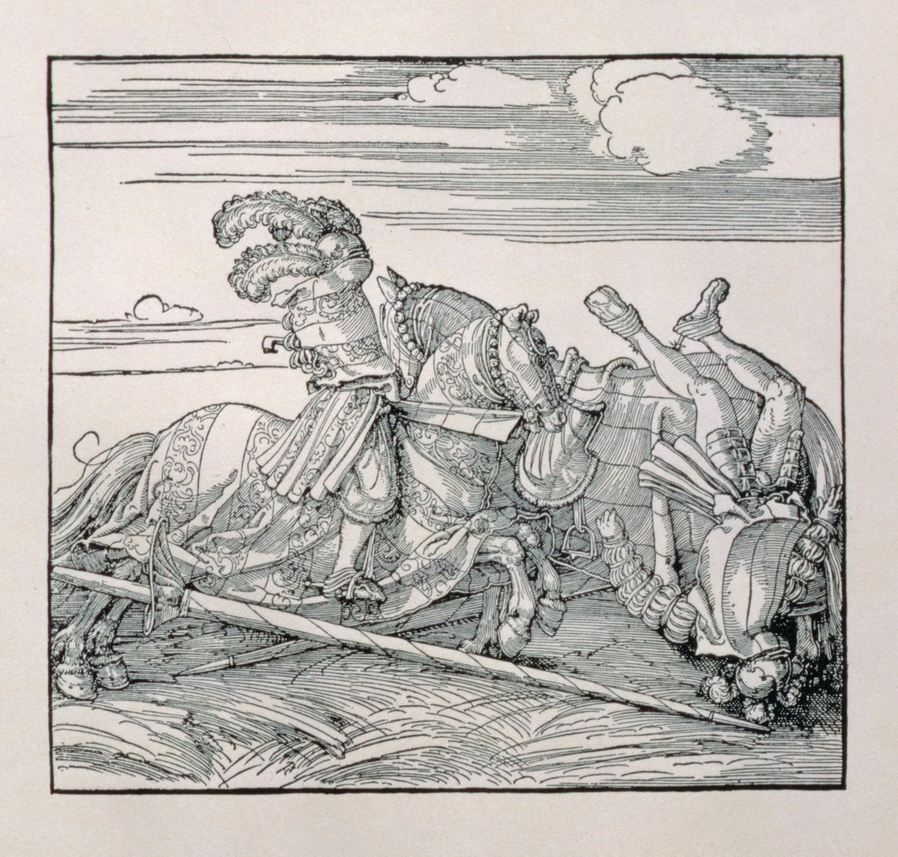 El emperador Maximiliano I de Alemania (1459-1519) derriba a un oponente en una justa, de un libro inédito que glorifica las hazañas caballerescas del emperador, c.1515 de Albrecht Dürer