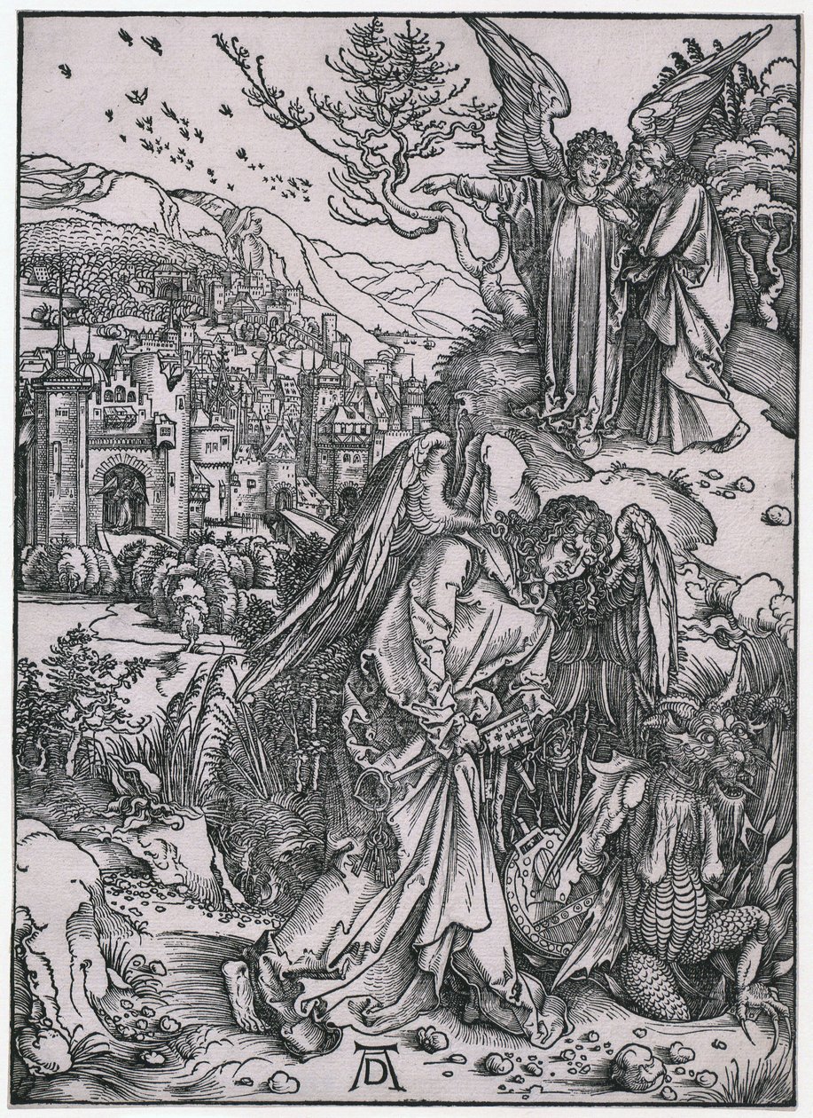 El ángel con la llave del abismo, figura XIV, lámina 16 de la serie «El Apocalipsis» de Albrecht Dürer