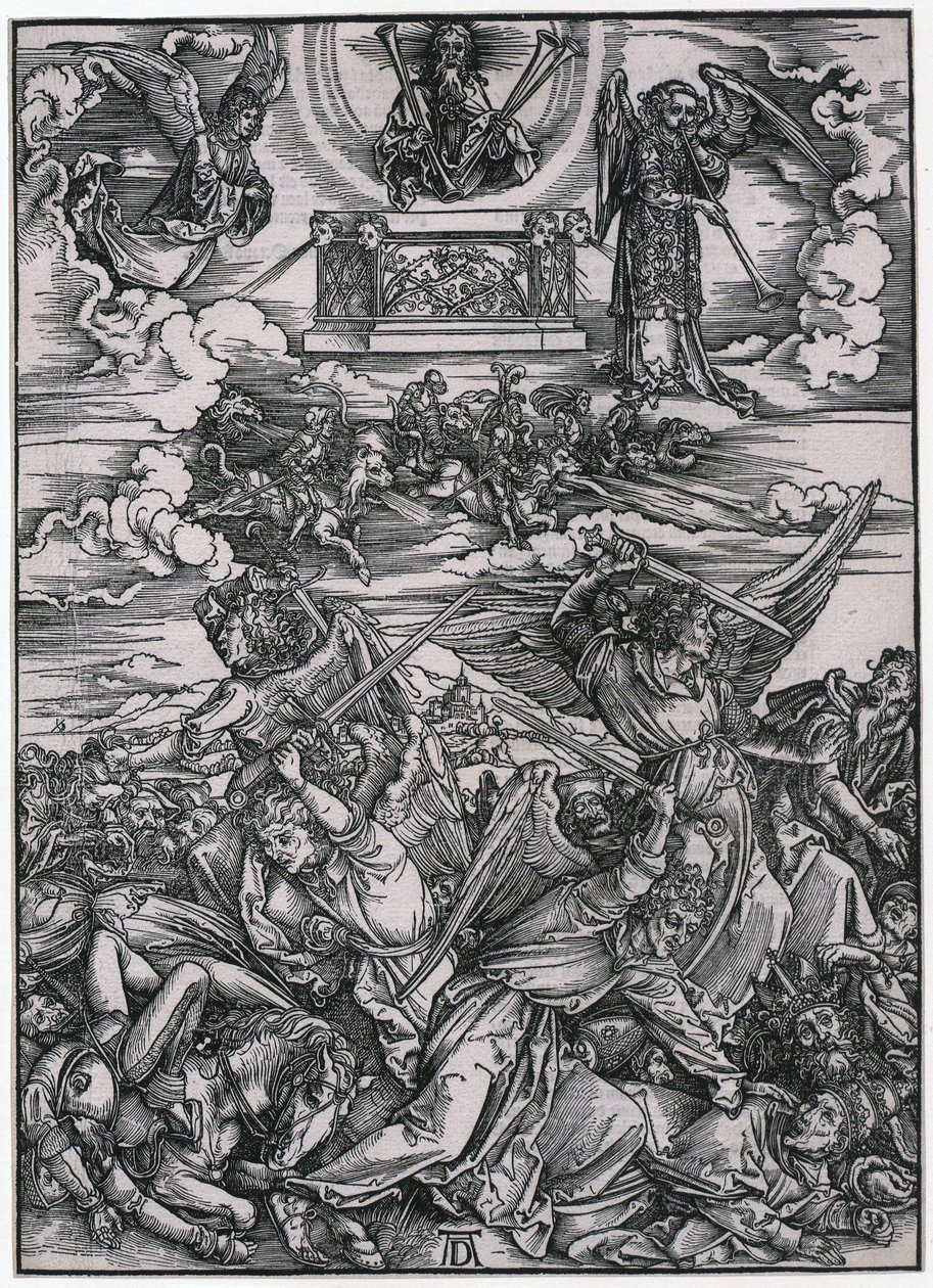 La batalla de los ángeles, figura VII, lámina 9 de la serie «El Apocalipsis» de Albrecht Dürer