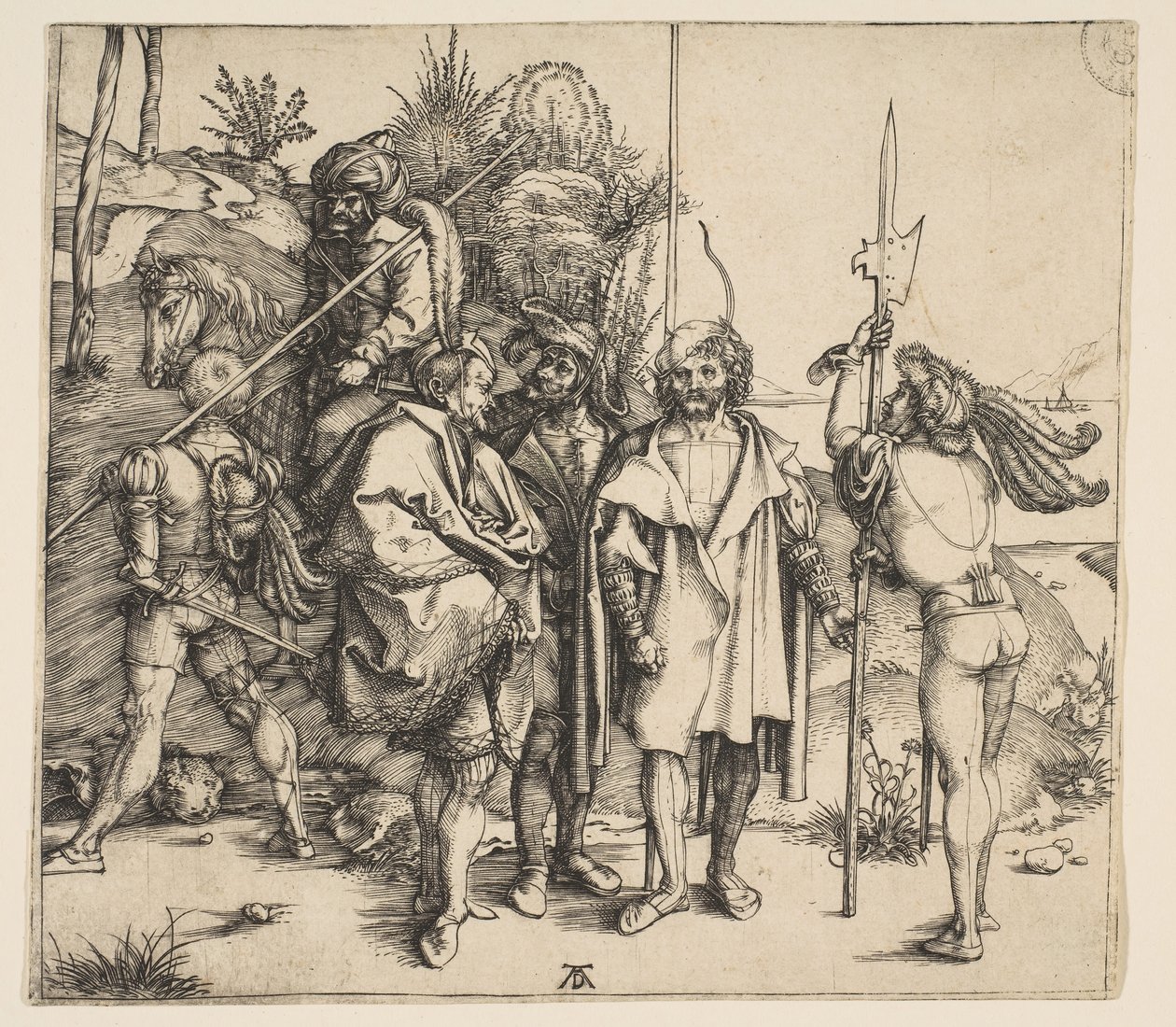 Cinco soldados de infantería y un turco montado de Albrecht Dürer