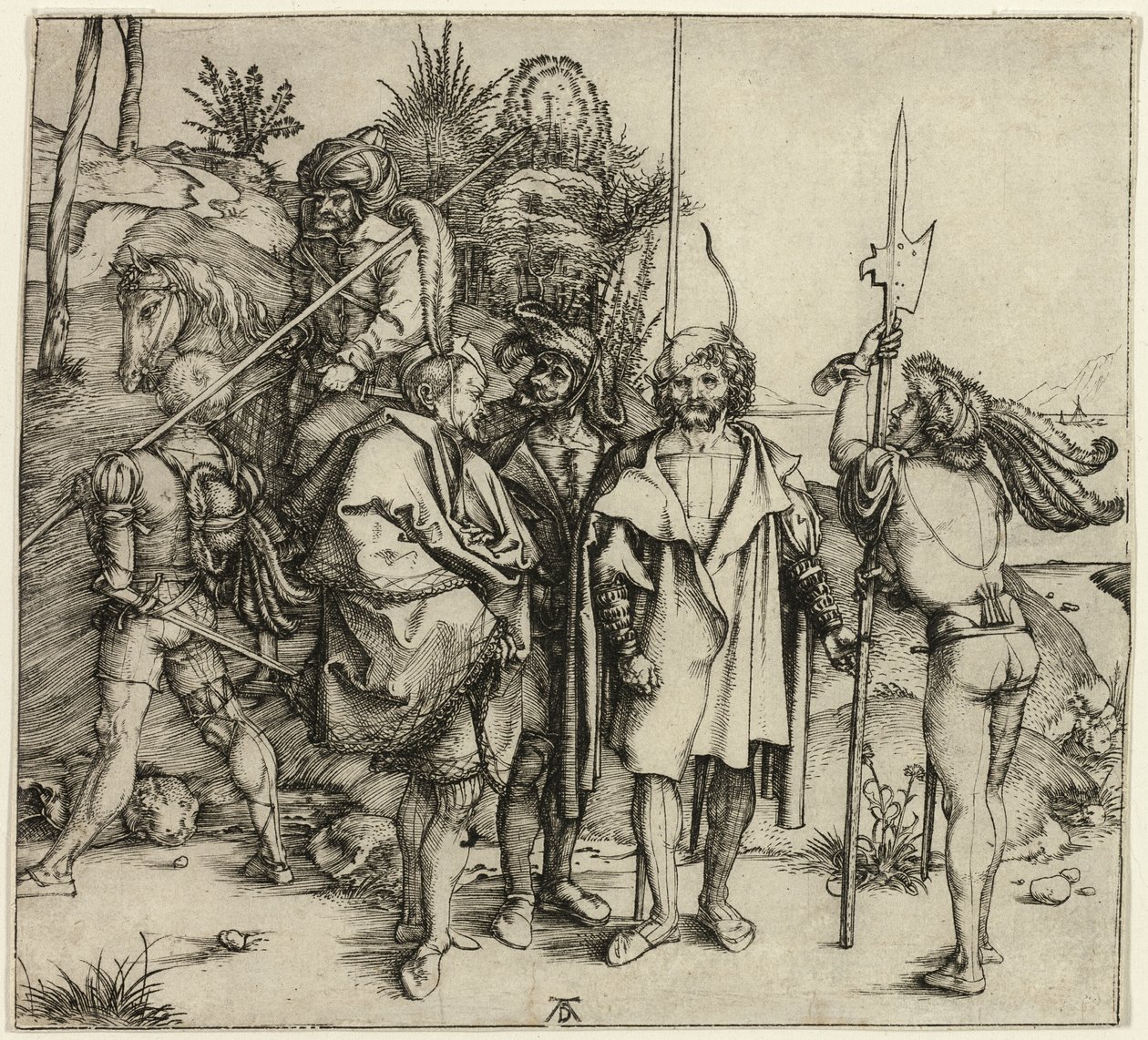 Cinco lansquenetes y un hombre oriental a caballo de Albrecht Dürer