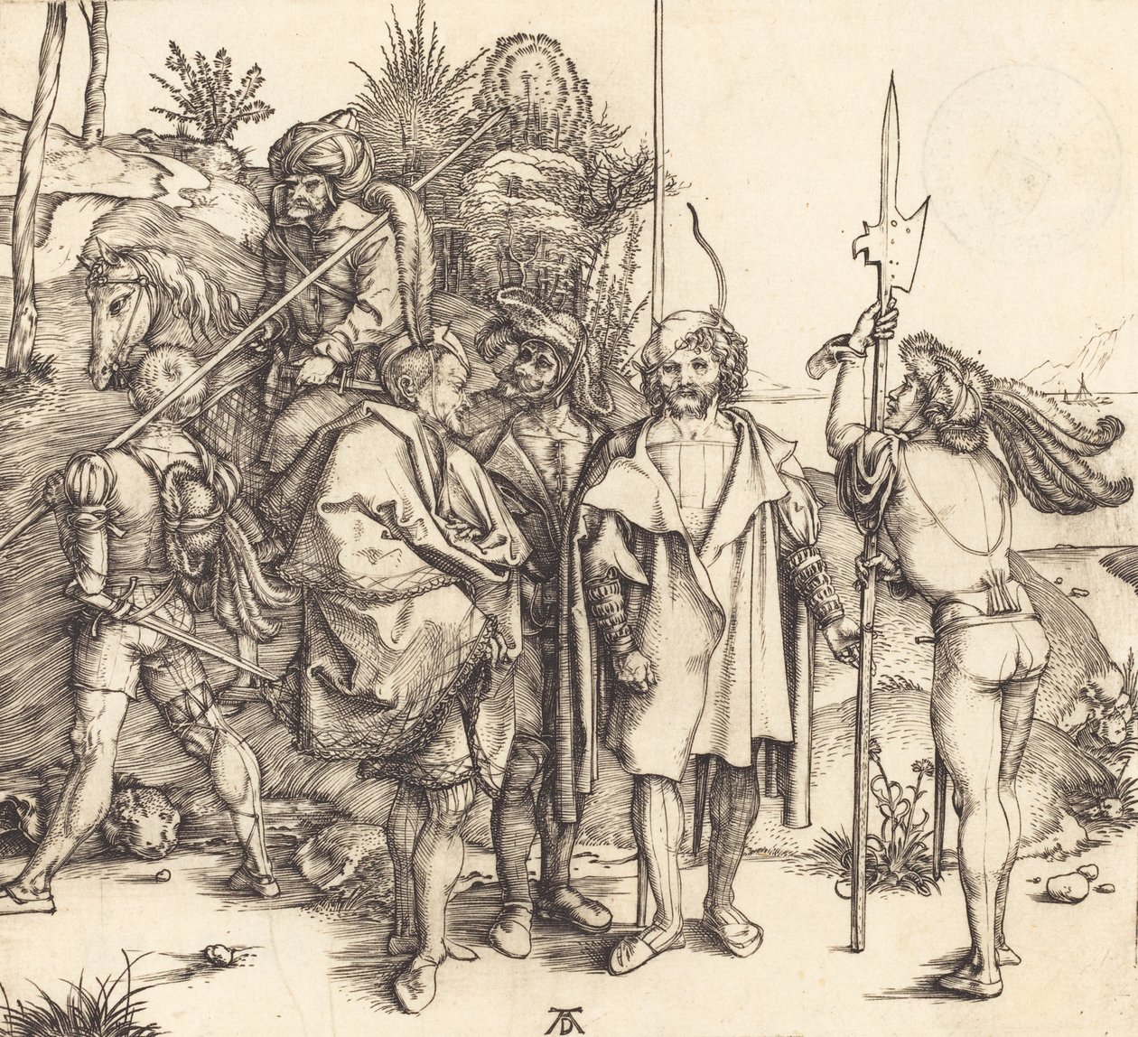 Cinco soldados y un turco a caballo, 1495-1496 de Albrecht Dürer