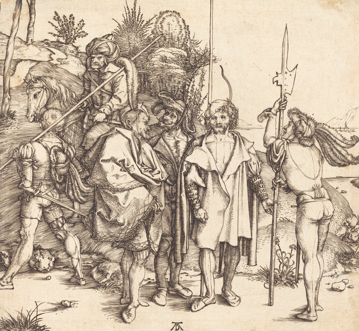 Cinco soldados y un turco a caballo, 1495-1496 de Albrecht Dürer