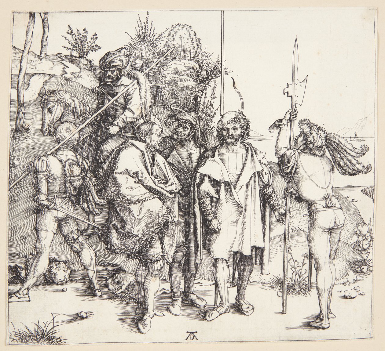 Cinco lansquenetes y un oriental a caballo de Albrecht Dürer