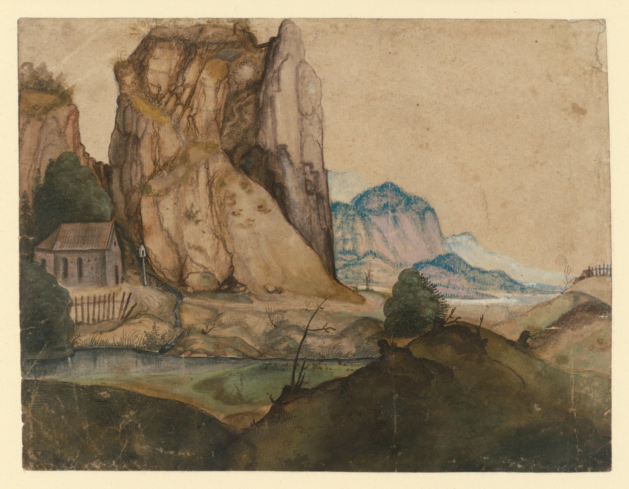 Paisaje ondulado con una capilla situada bajo unas altas rocas de Albrecht Dürer