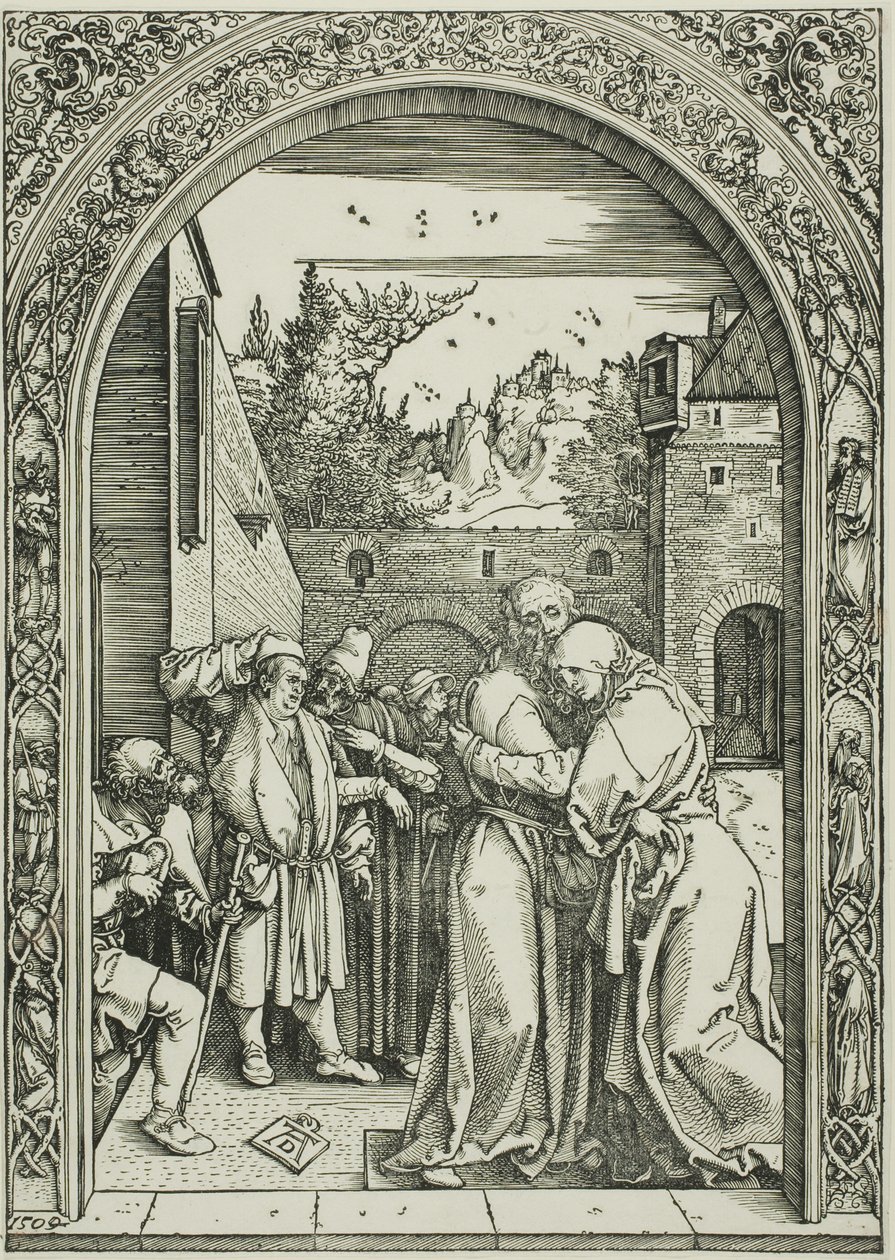 Joaquín y Santa Ana se encuentran en la Puerta Dorada, de La vida de la Virgen de Albrecht Dürer