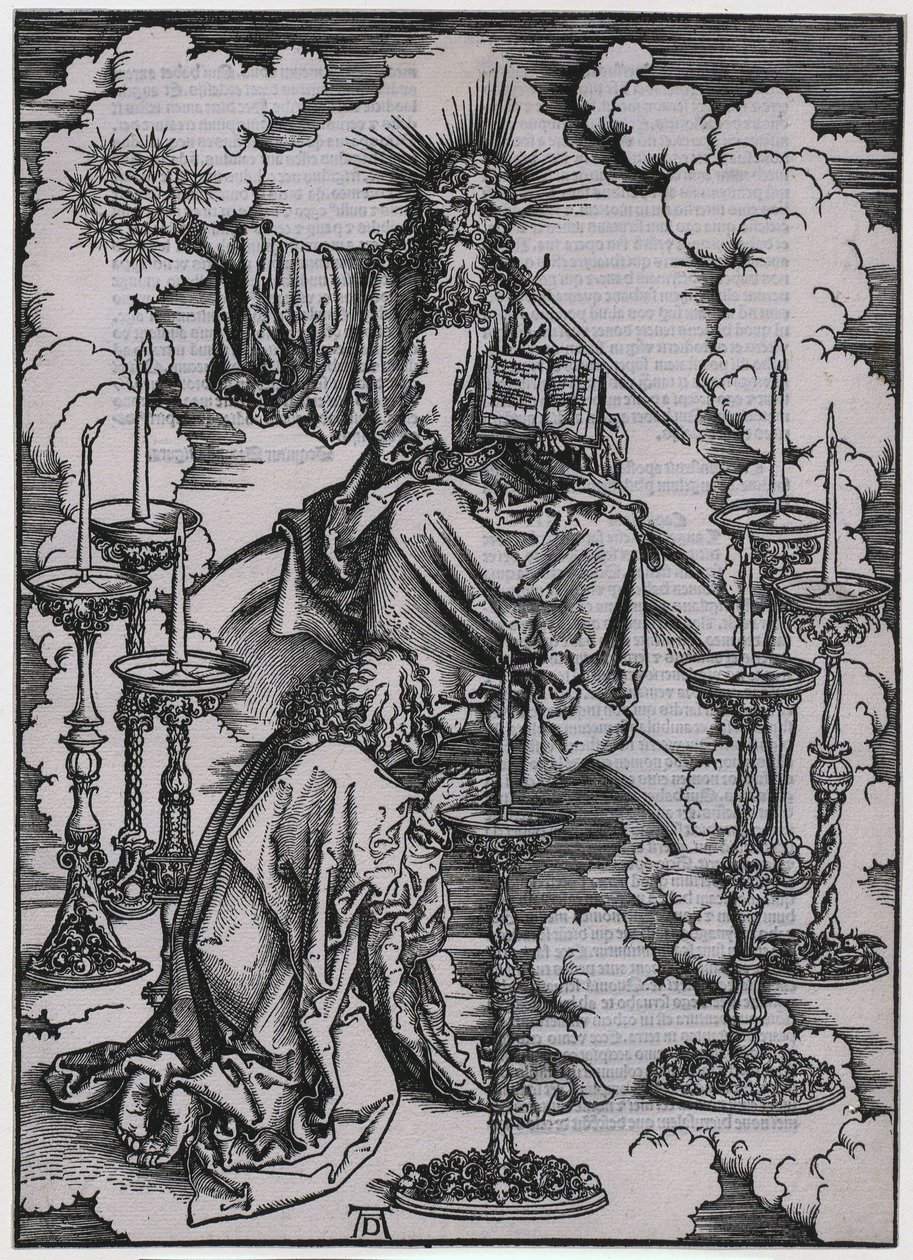 Juan contempla los siete candelabros, figura I, lámina 3 de la serie «El Apocalipsis» de Albrecht Dürer