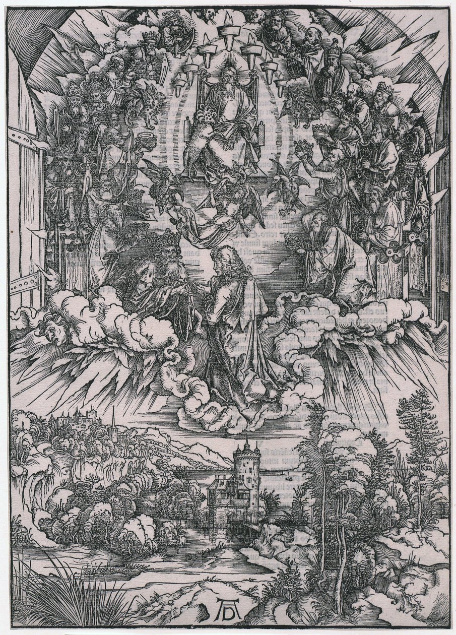 Juan ante Dios Padre y los ancianos, figura II, lámina 4 de la serie «El Apocalipsis» de Albrecht Dürer