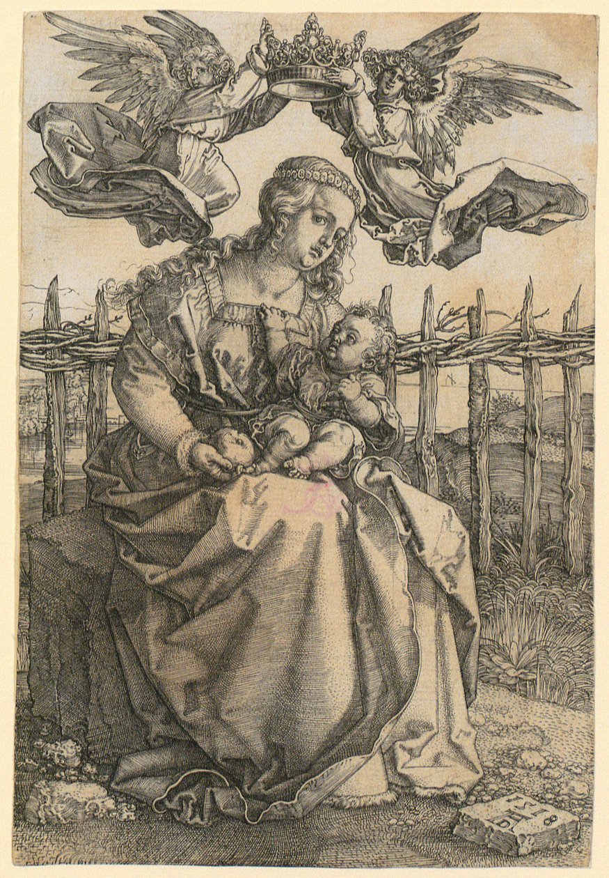 Virgen María coronada por dos ángeles de Albrecht Dürer