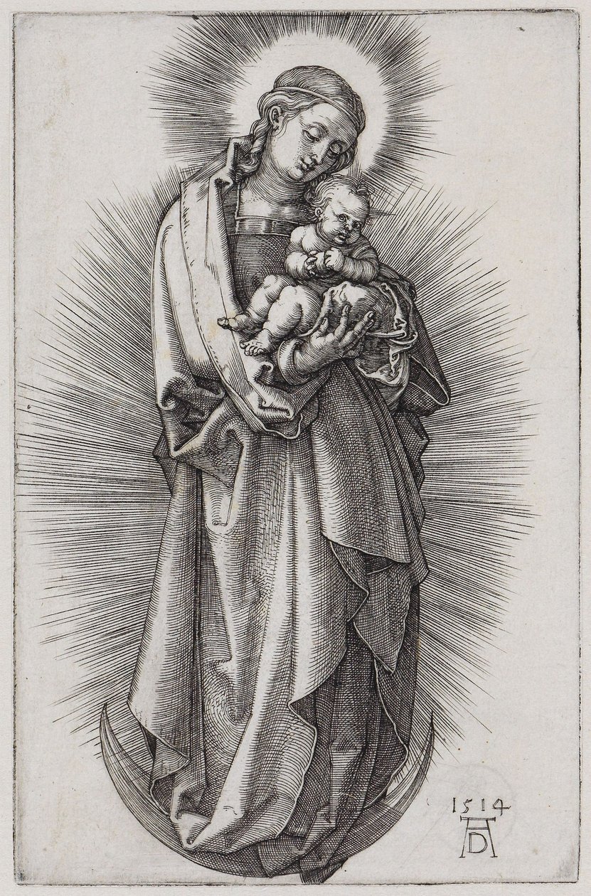 Virgen con cinta para el cabello en aureola sobre la luna creciente de Albrecht Dürer