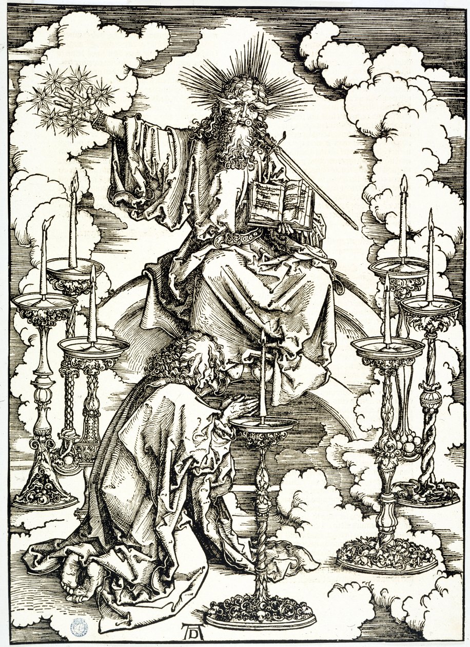 El Apocalipsis (edición latina): La visión de los siete candelabros (Bartsch 62) de Albrecht Dürer